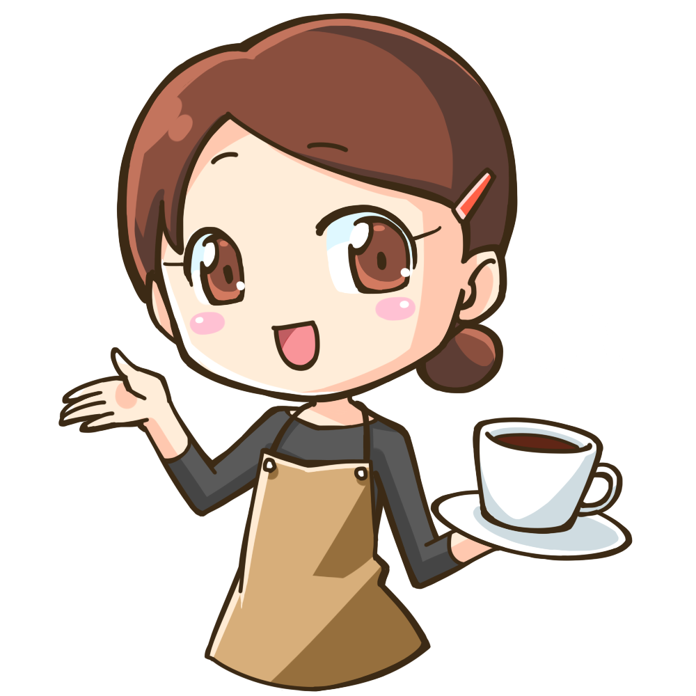 コーヒーを持って「ようこそこちらへ」と迎える女性のイラスト