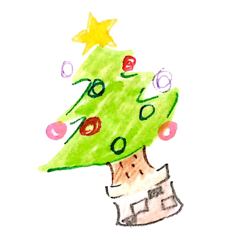 飾りつけの済んだクリスマスツリーのイラスト ゆるくてかわいい無料