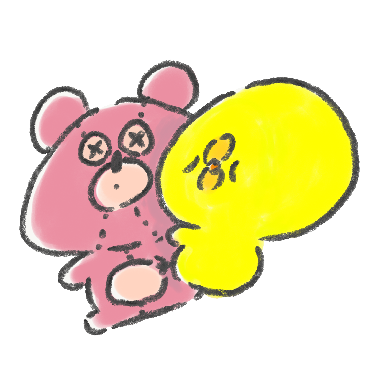 熊のぬいぐるみを抱いて寝るひよこ ゆるくてかわいい無料イラスト