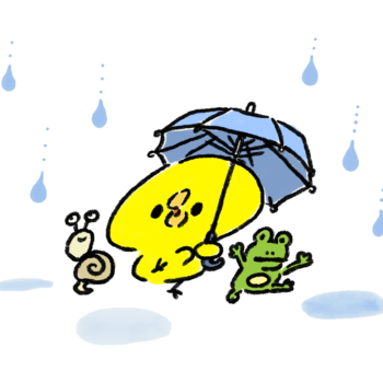 雨降りの中おどるひよことカエルとカタツムリのイラスト