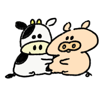抱き合う牛と豚のイラスト