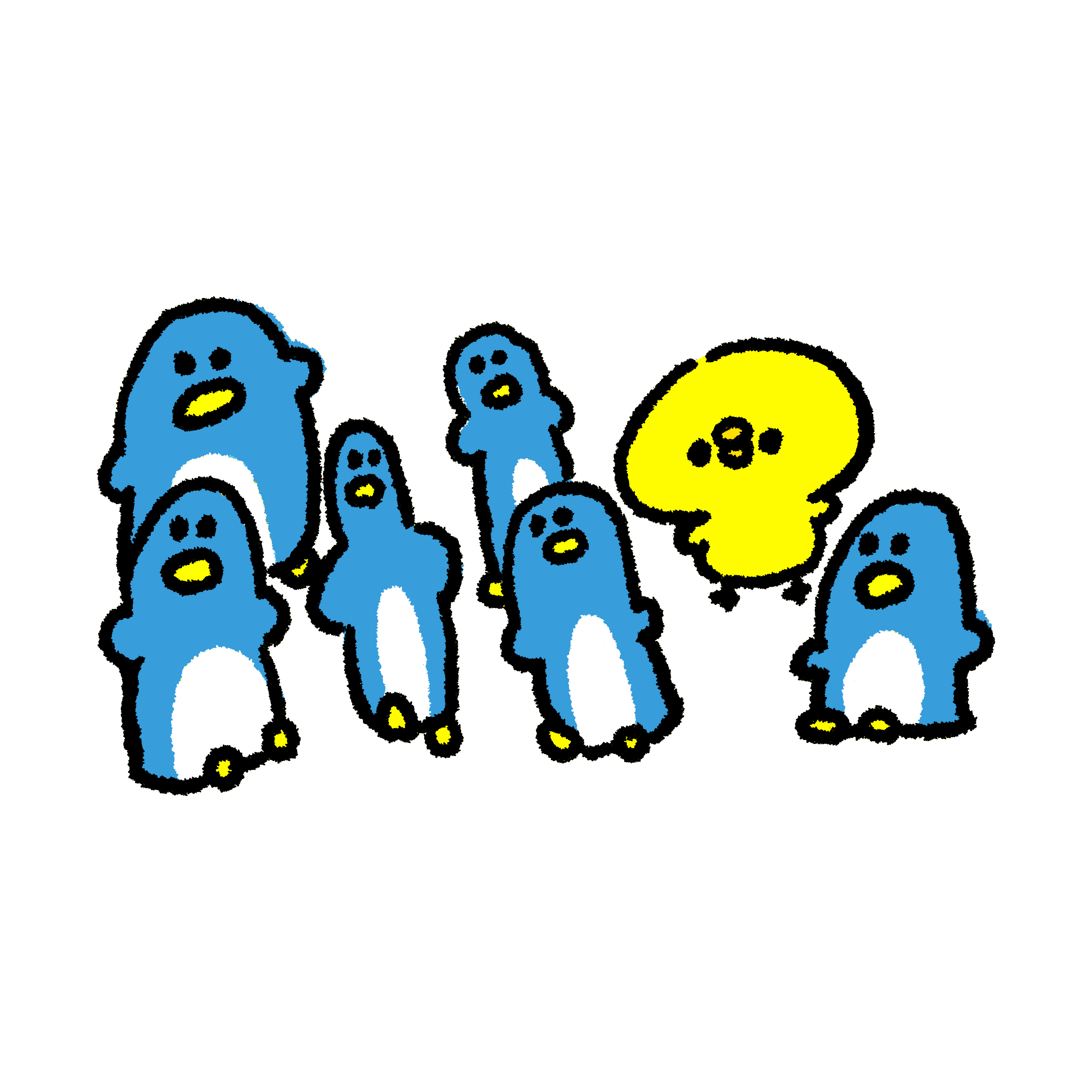 ペンギンがいっぱいの中にひよこ一羽
